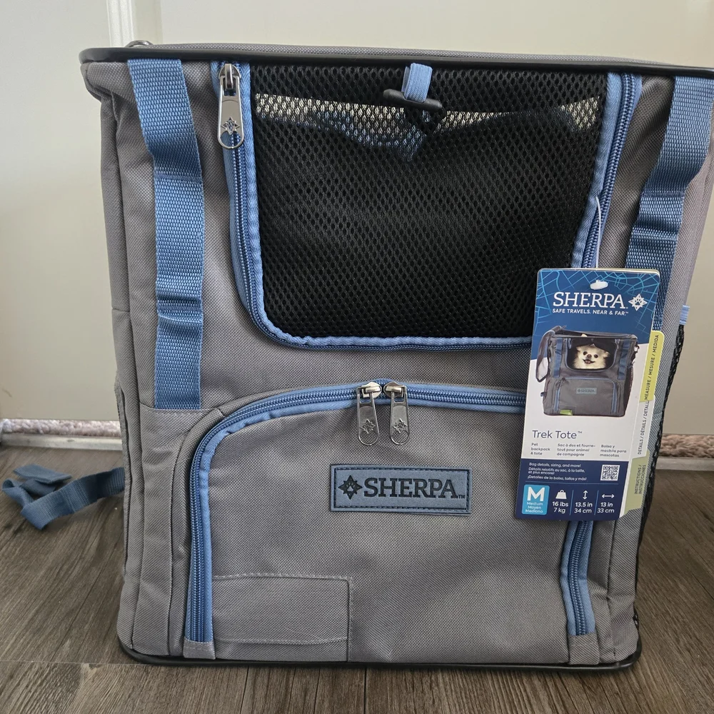 Sherpa Trek Tote Pet Carrier Backpack Gray Blue NWT Small Dog Cat Travel Bag